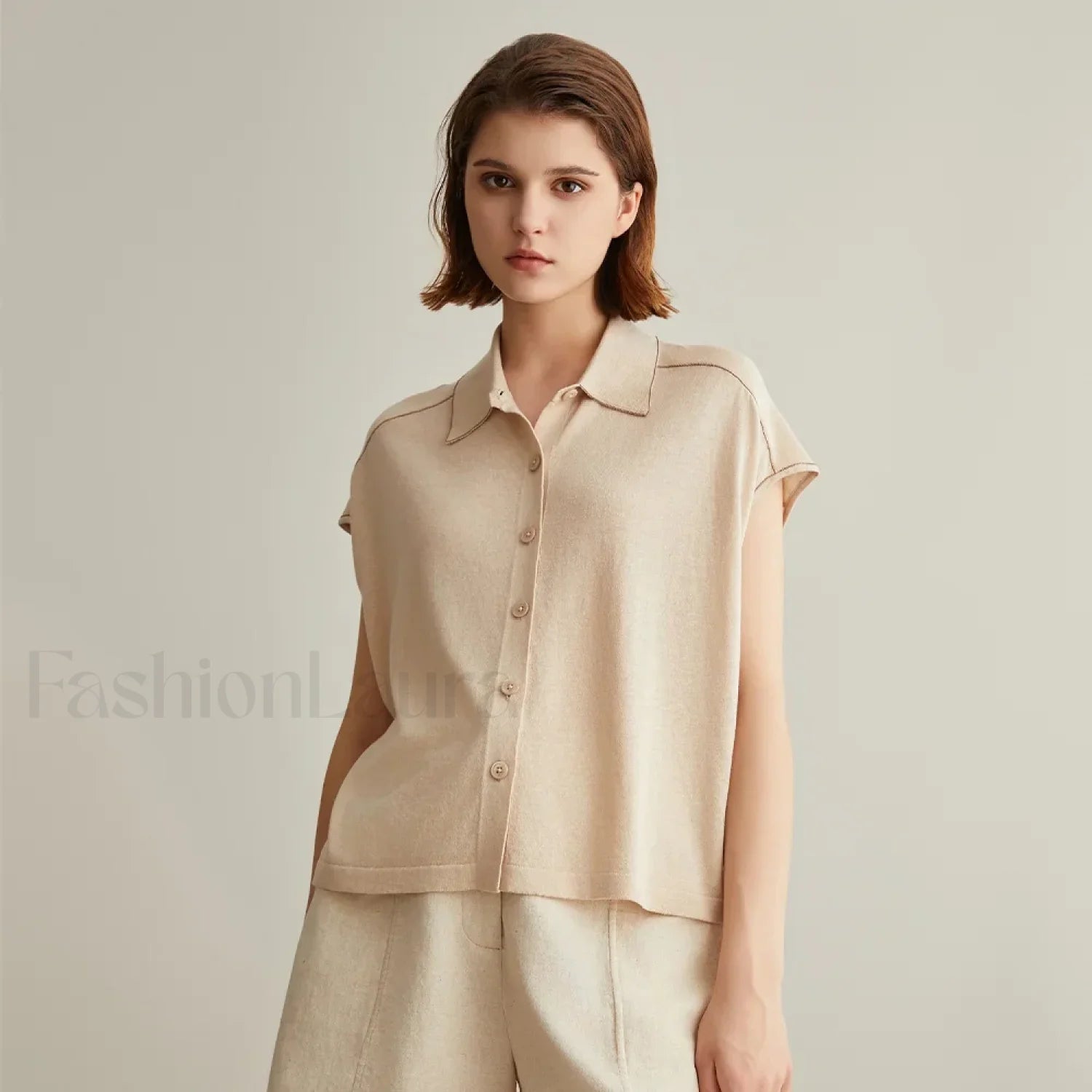 Linen Silk Polo Knitted Cardigan T Shirt