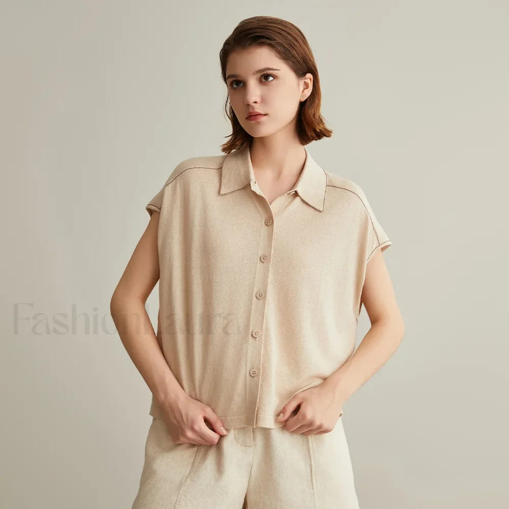 Linen Silk Polo Knitted Cardigan T Shirt