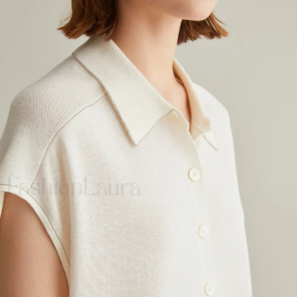 Linen Silk Polo Knitted Cardigan T Shirt