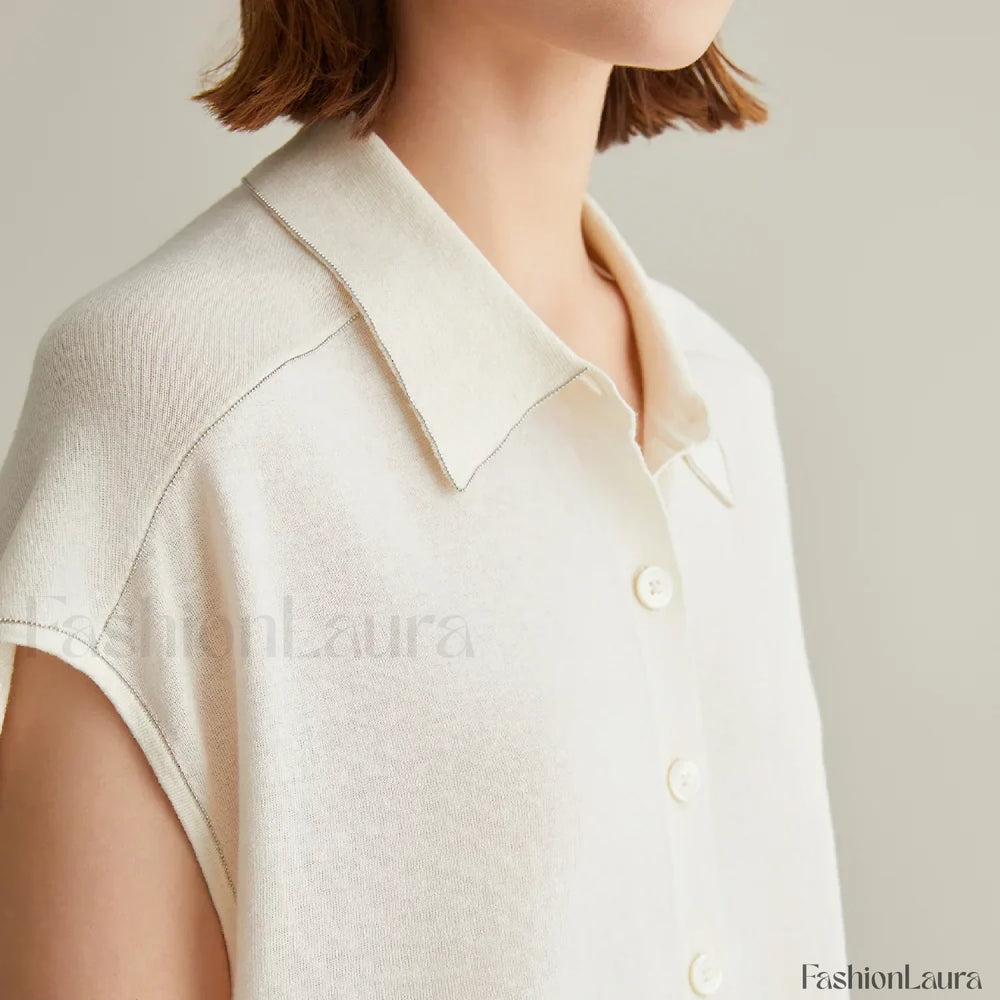 Linen Silk Polo Knitted Cardigan T Shirt