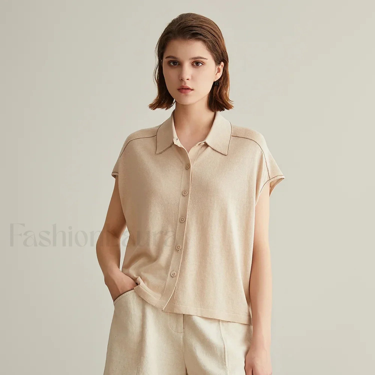 Linen Silk Polo Knitted Cardigan T Shirt Khaki / S