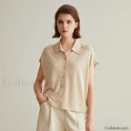 Linen Silk Polo Knitted Cardigan T Shirt Khaki / S
