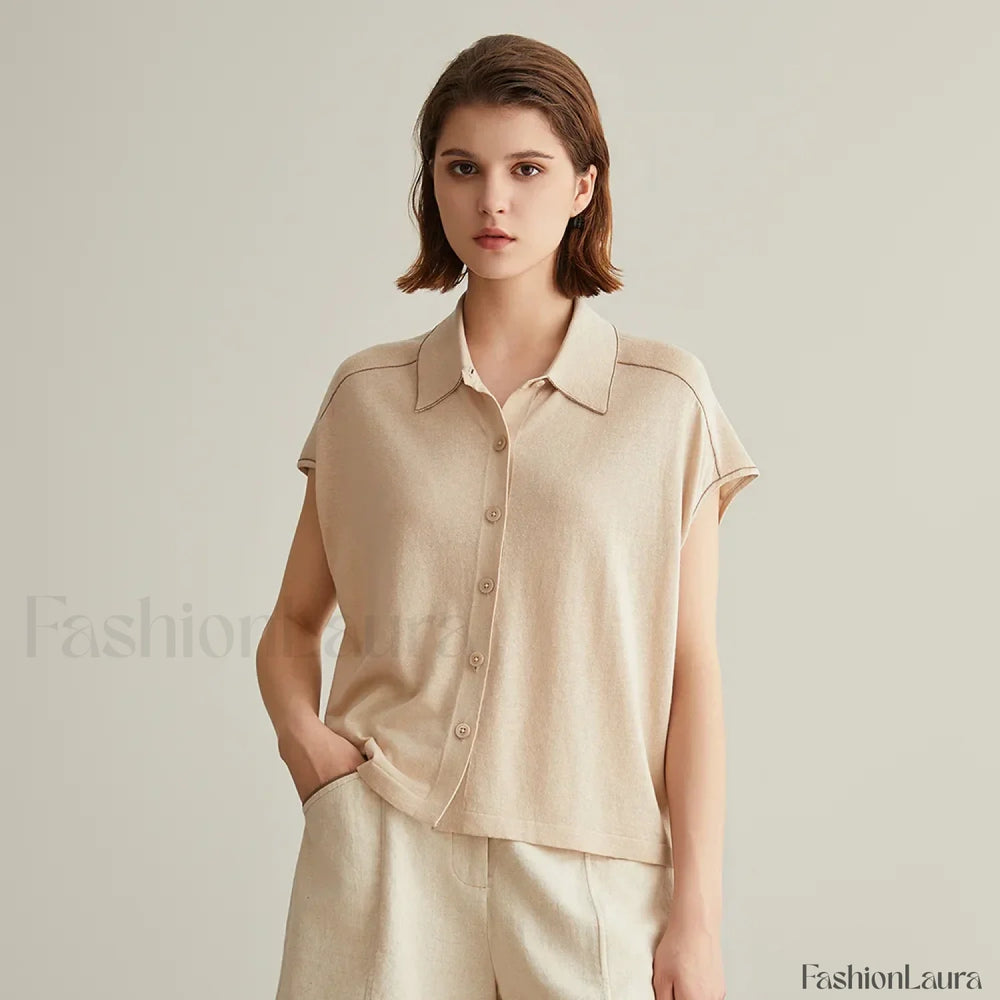 Linen Silk Polo Knitted Cardigan T Shirt Khaki / S