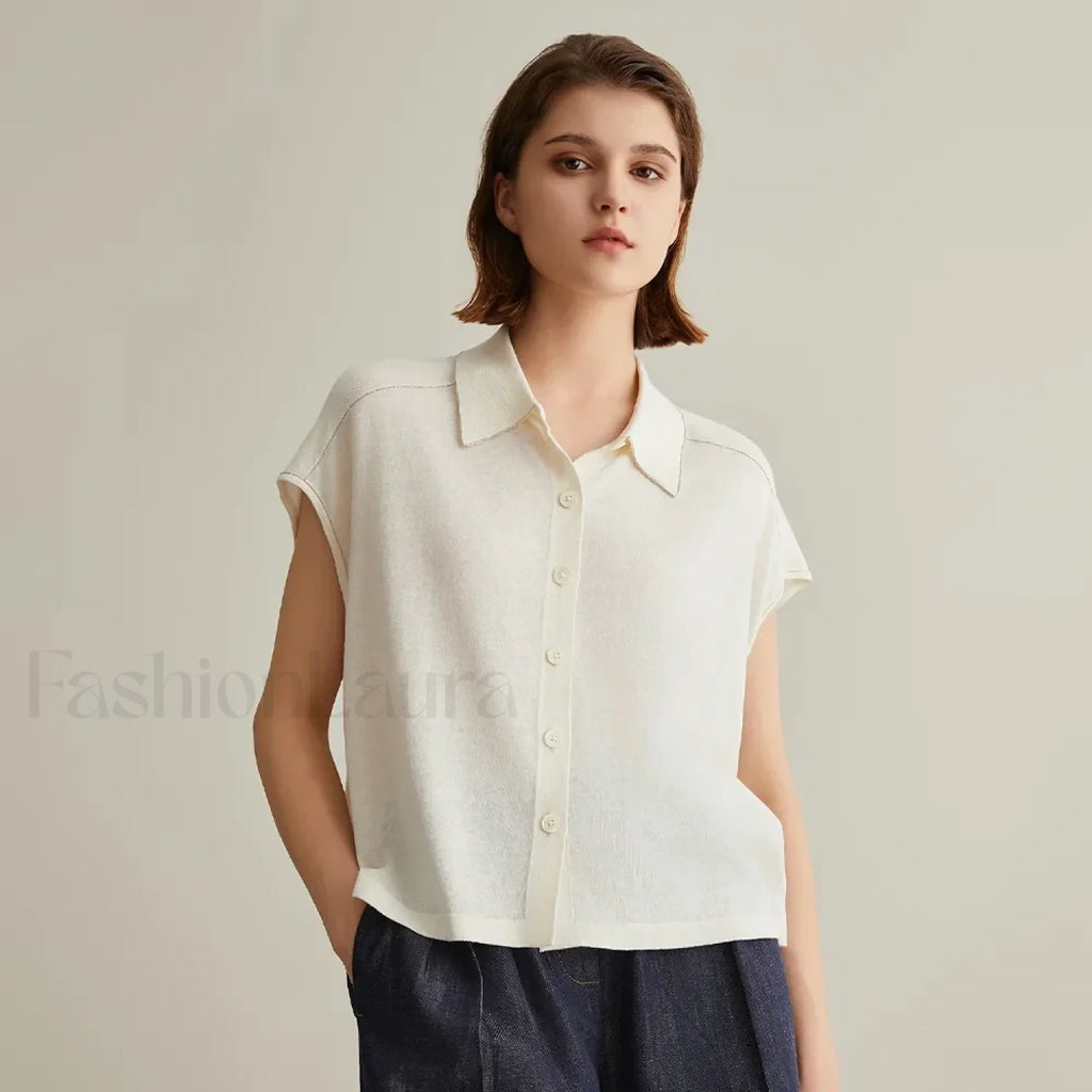 Linen Silk Polo Knitted Cardigan T Shirt White / S