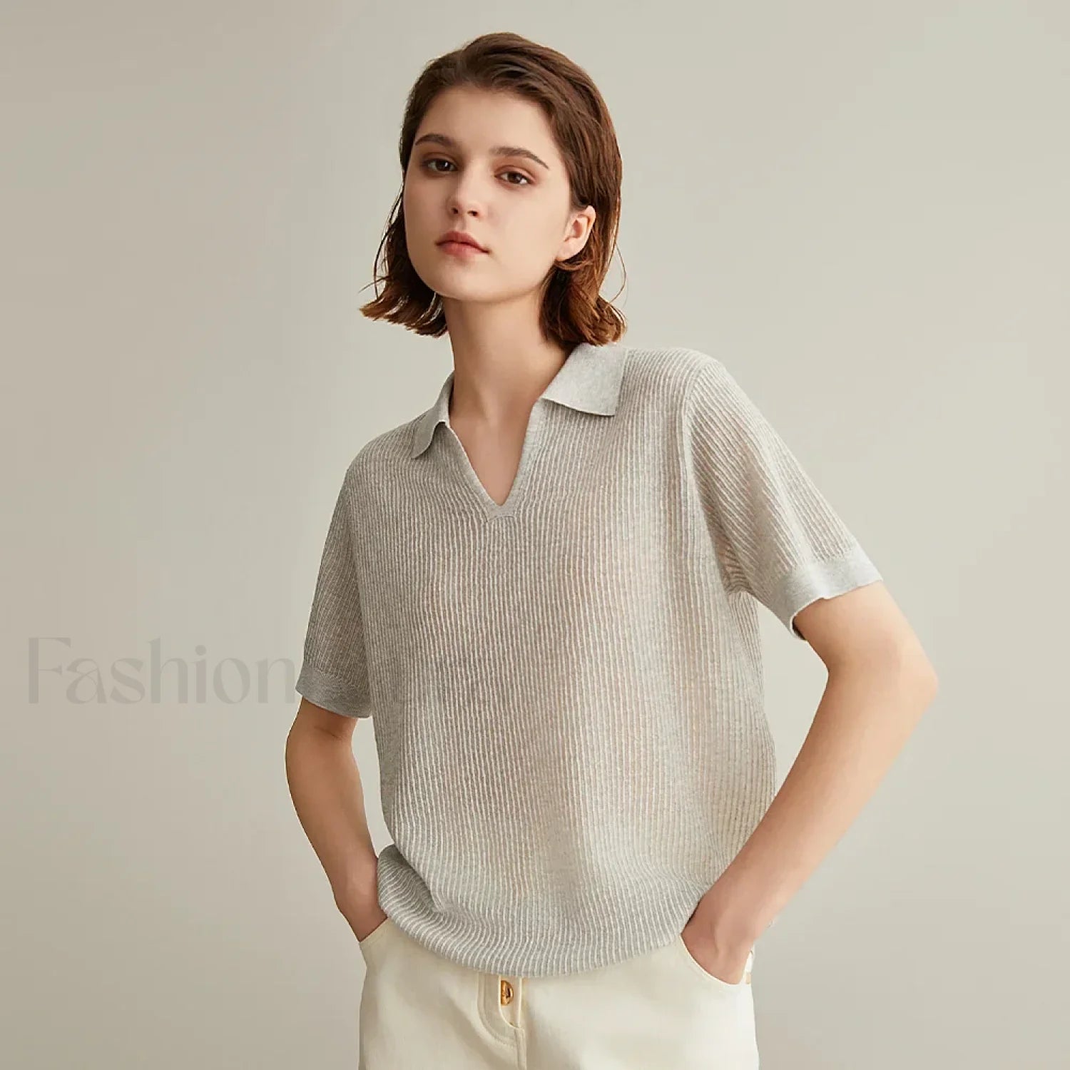 Linen Silk Polo Pullover Summer T Shirt Light gray / S Main image