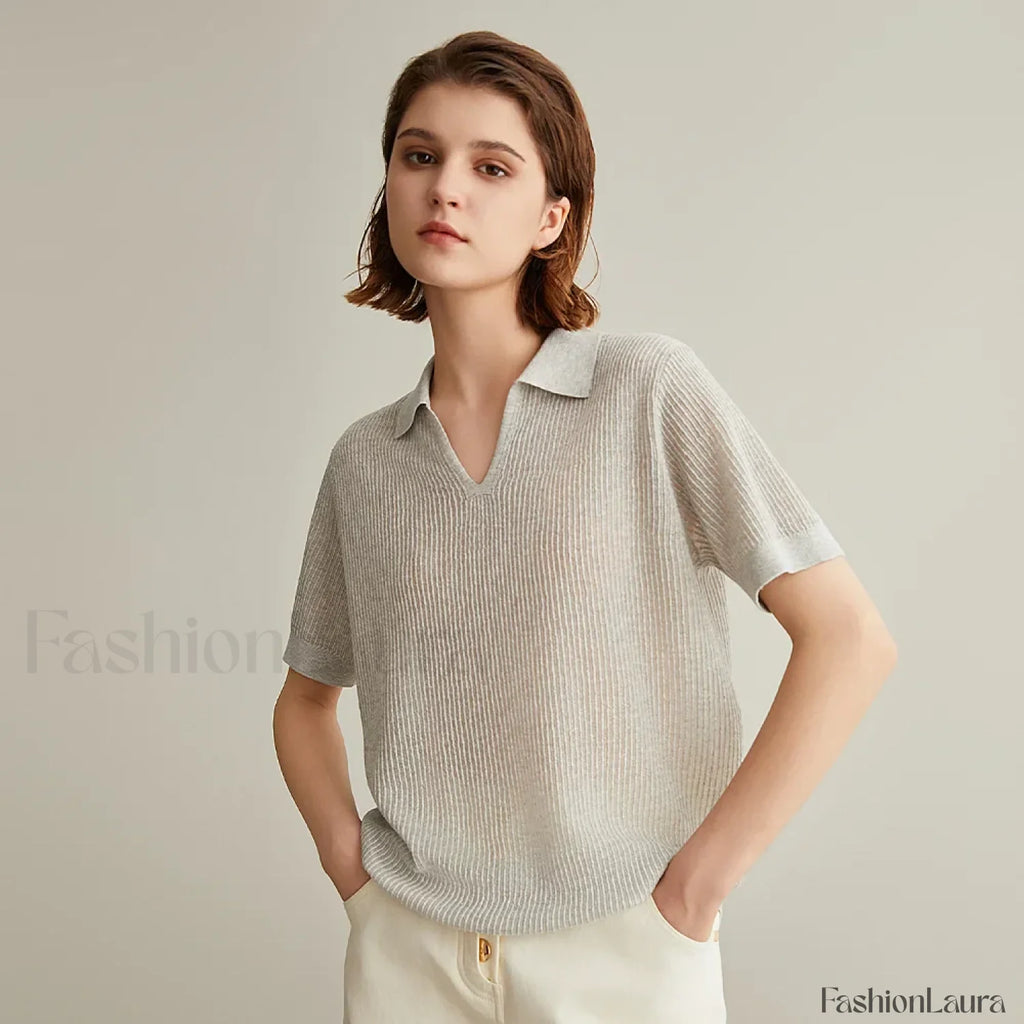 Linen Silk Polo Pullover Summer T Shirt Light gray / S