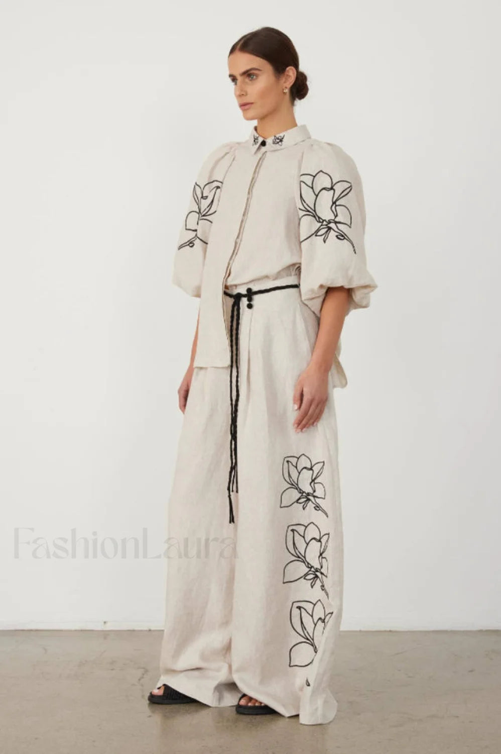 Lola Linen Embroidery Charming Shirt + Pants Set