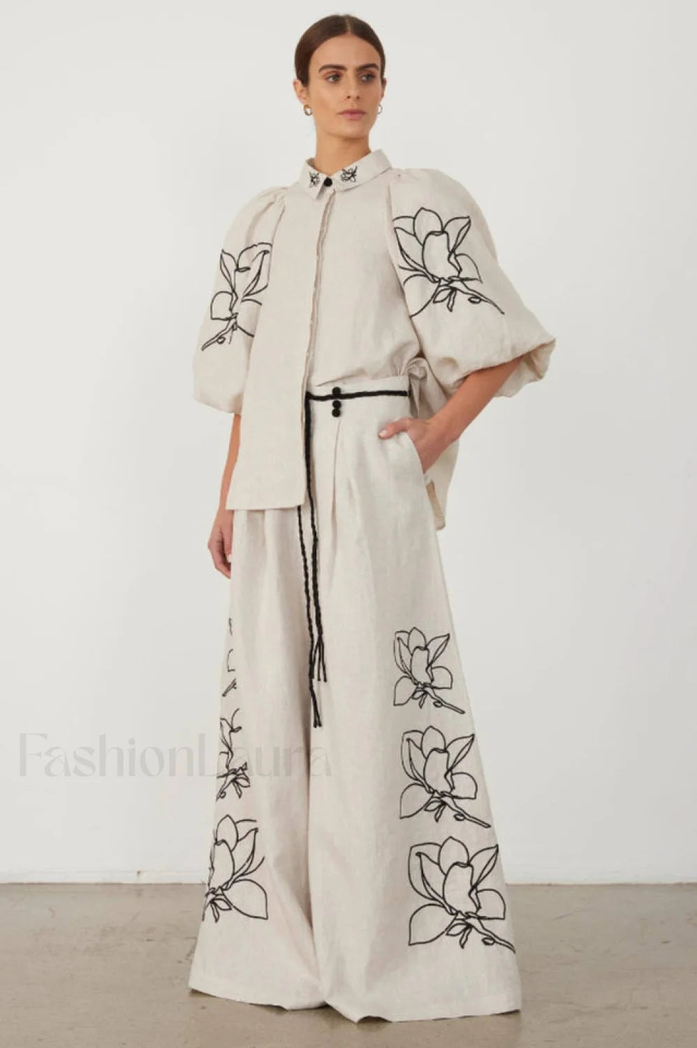Lola Linen Embroidery Charming Shirt + Pants Set S / 1# Main image