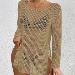 Long Hollow See Through Top Cover Up Khaki / One Size