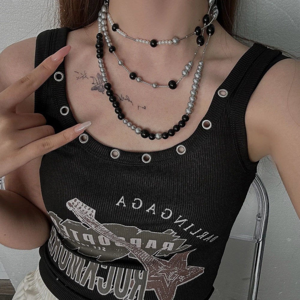 Long Pearl Layered Necklace BLACK