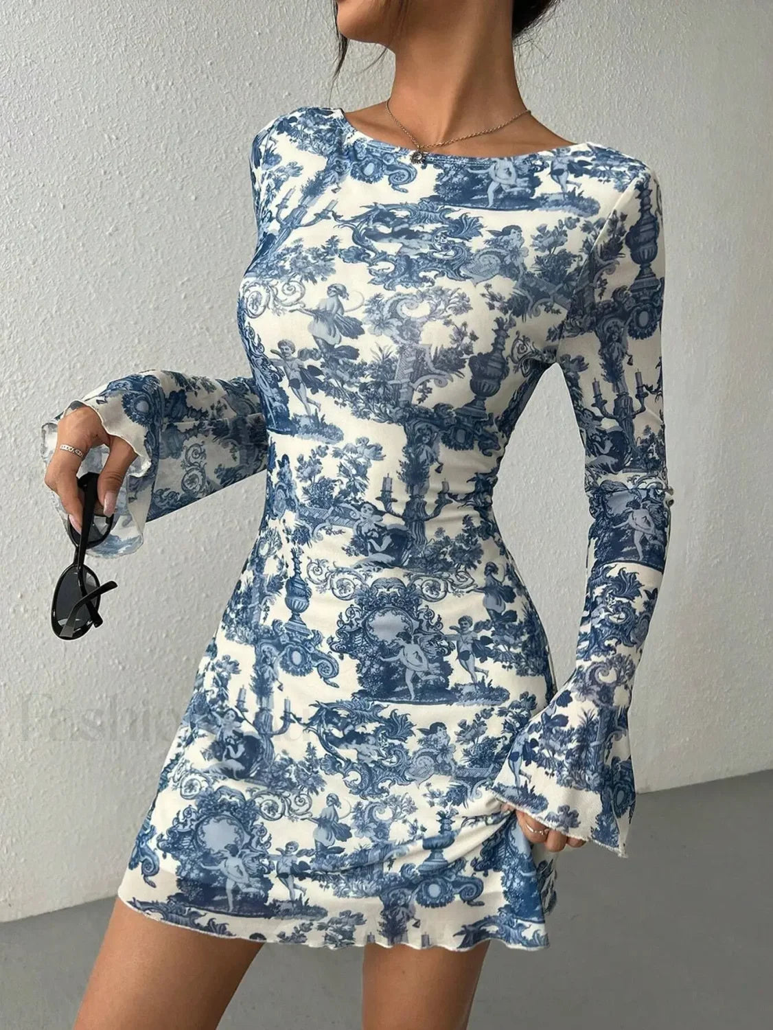 Long Sleeve Bodycon Floral Dress Blue / S Main image