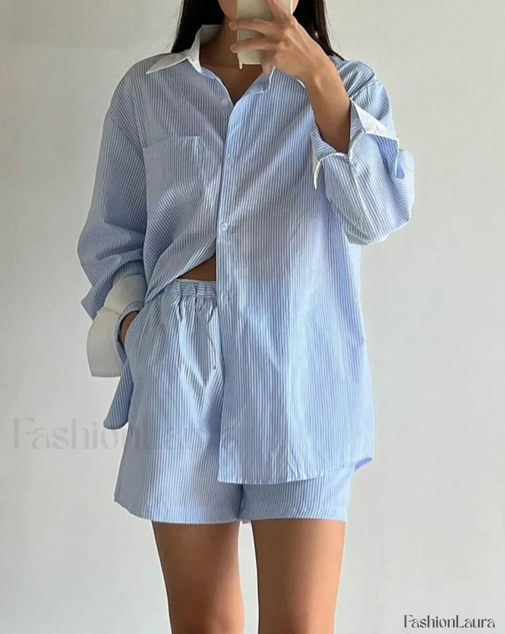 Long Sleeve Collar Pajama Shorts Two Piece Set