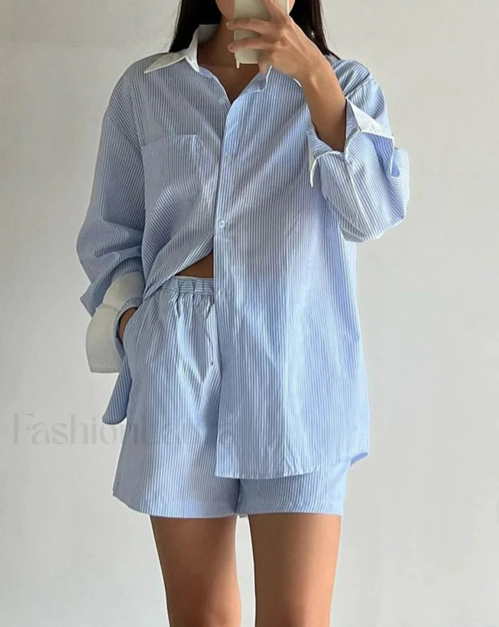 Long Sleeve Collar Pajama Shorts Two Piece Set