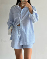 Long Sleeve Collar Pajama Shorts Two Piece Set