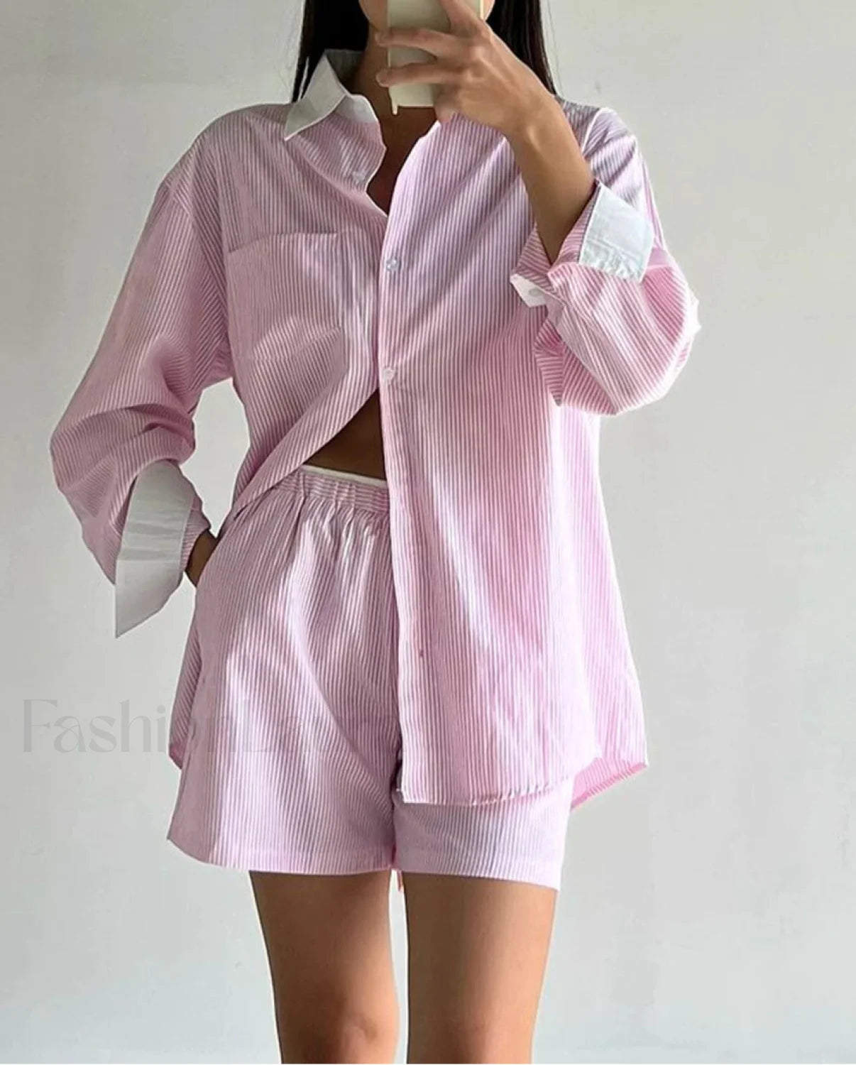 Long Sleeve Collar Pajama Shorts Two Piece Set Main image