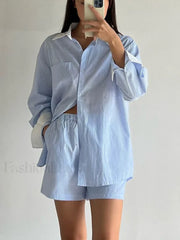 Long Sleeve Collar Pajama Shorts Two Piece Set Blue / S