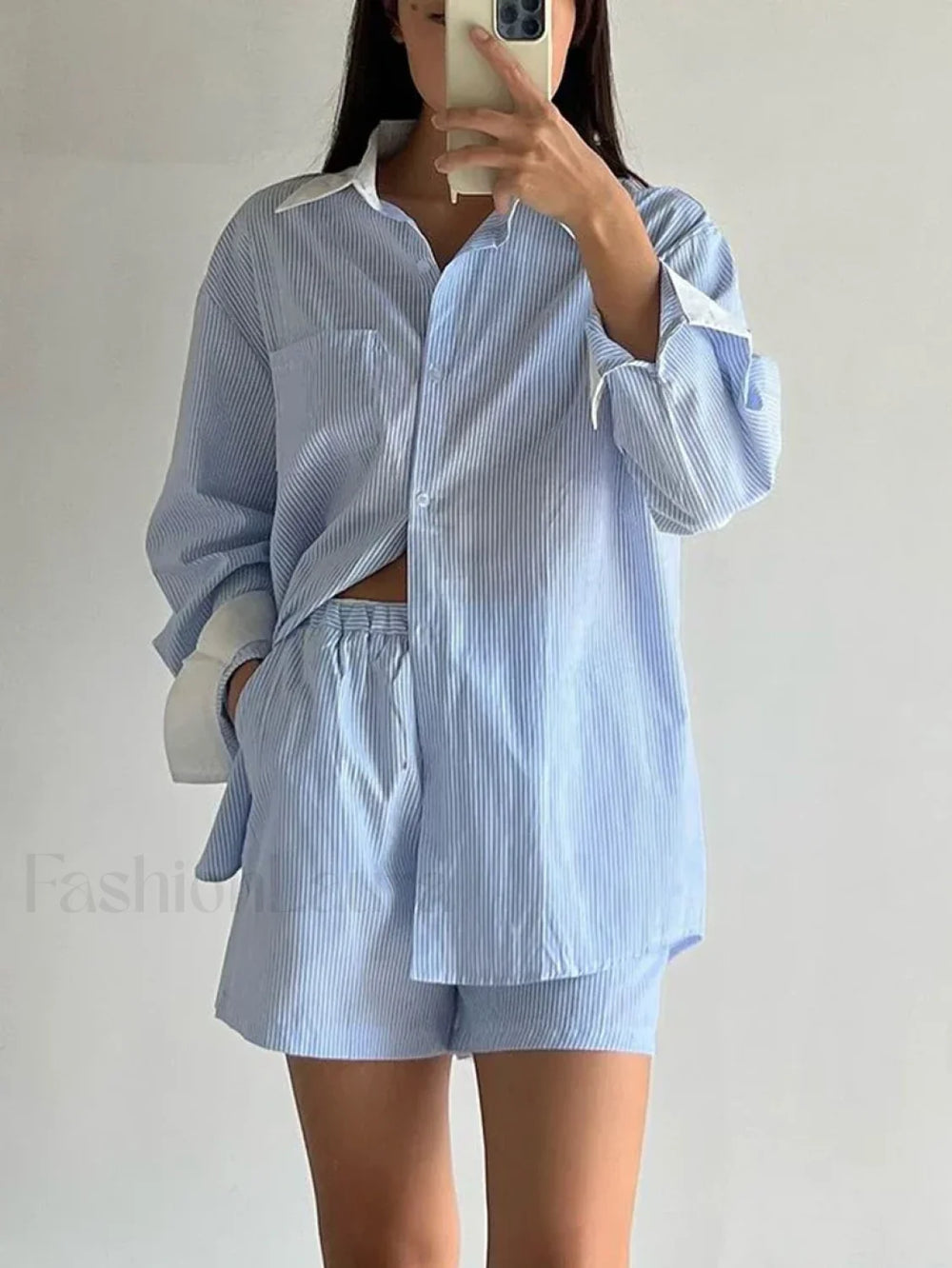 Long Sleeve Collar Pajama Shorts Two Piece Set Blue / S