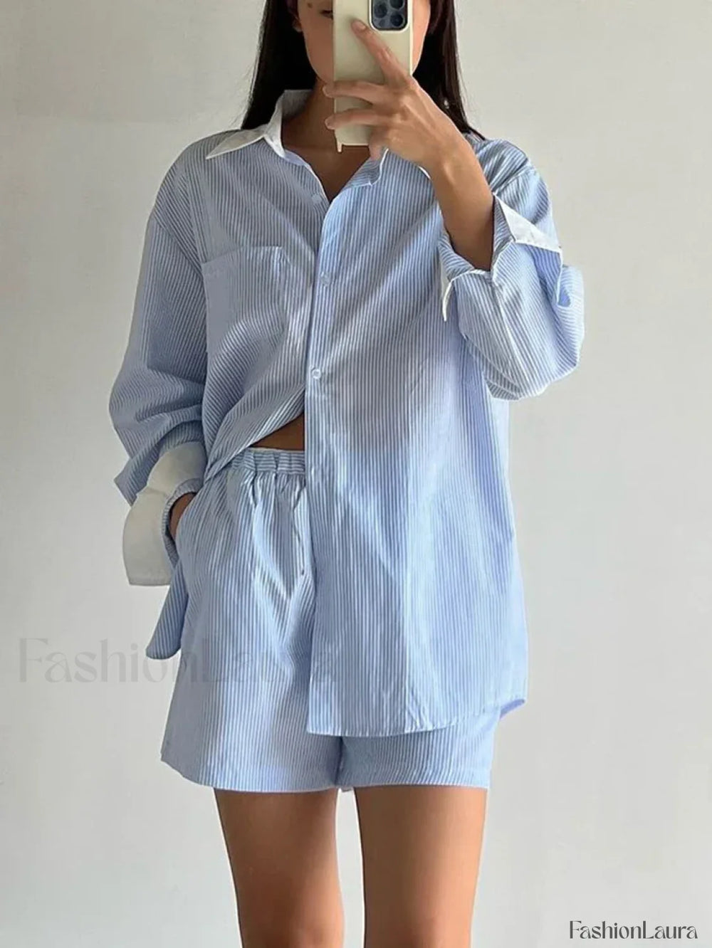 Long Sleeve Collar Pajama Shorts Two Piece Set Blue / S