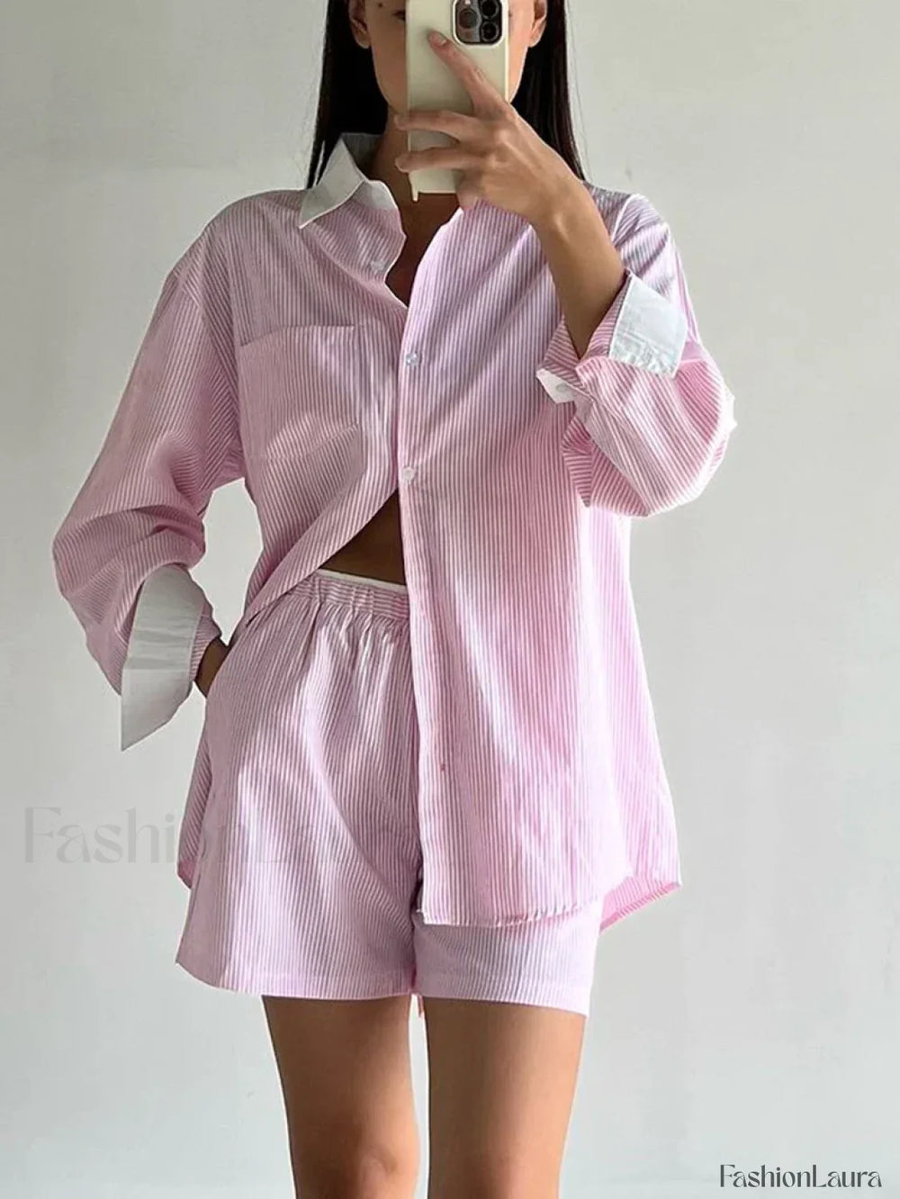 Long Sleeve Collar Pajama Shorts Two Piece Set Pink / S
