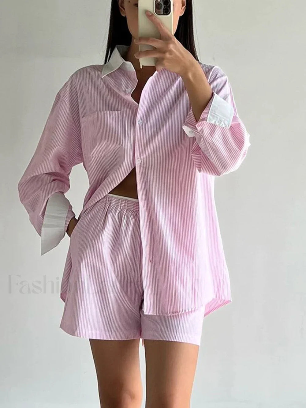 Long Sleeve Collar Pajama Shorts Two Piece Set Pink / S
