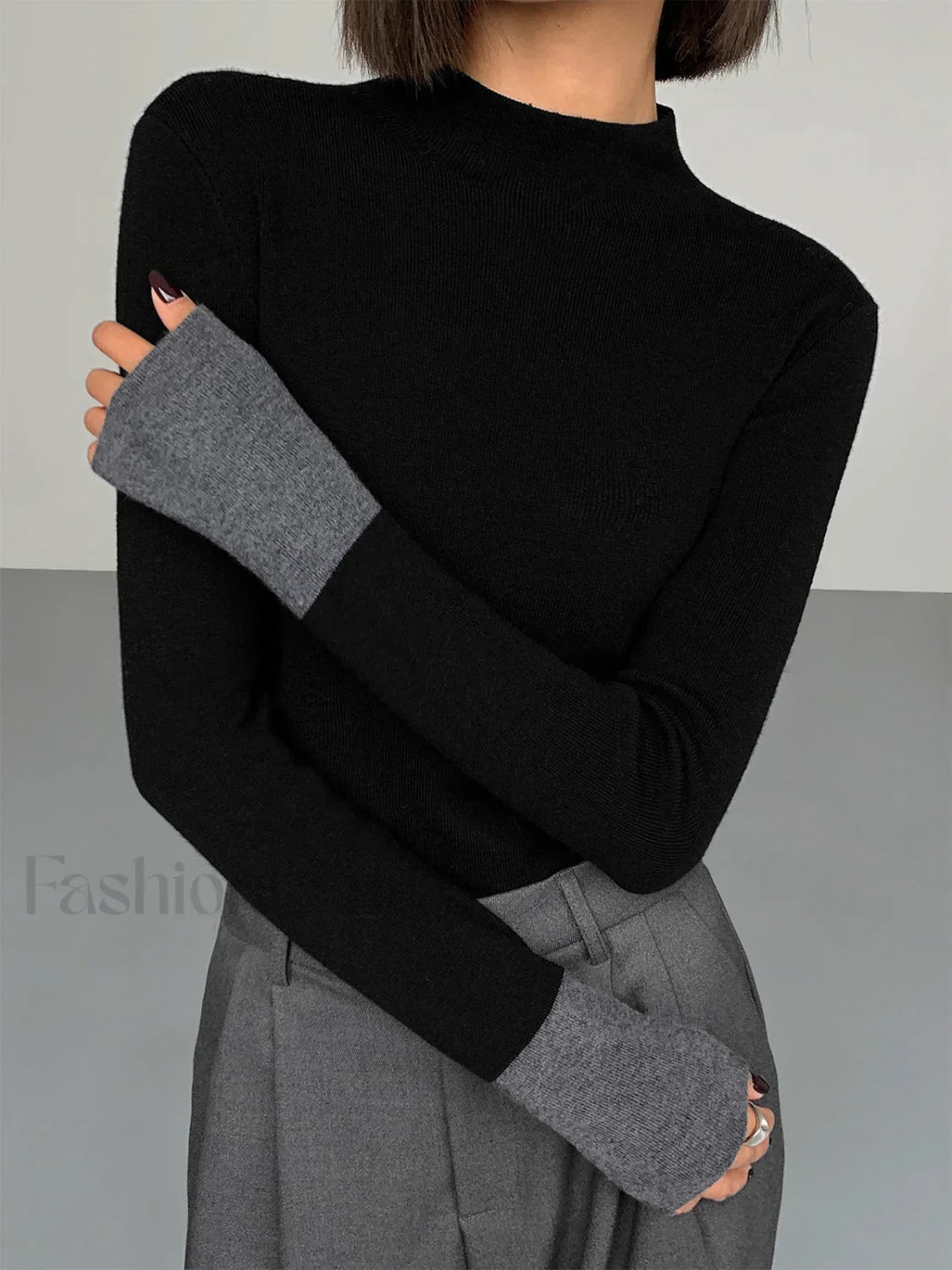 Long Sleeve Contrast Cuff Knit Top Black / XS Knit Tops Main image