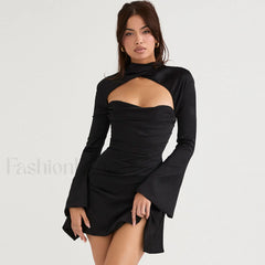 Long Sleeve Draped Satin Mini Dress Black M / Black Party Dresses L