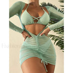 Long Sleeve Drawstring Three Piece Set Light Green / S