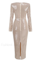 Long Sleeve Flower Charming Sequin Midi Dress