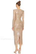 Long Sleeve Flower Charming Sequin Midi Dress