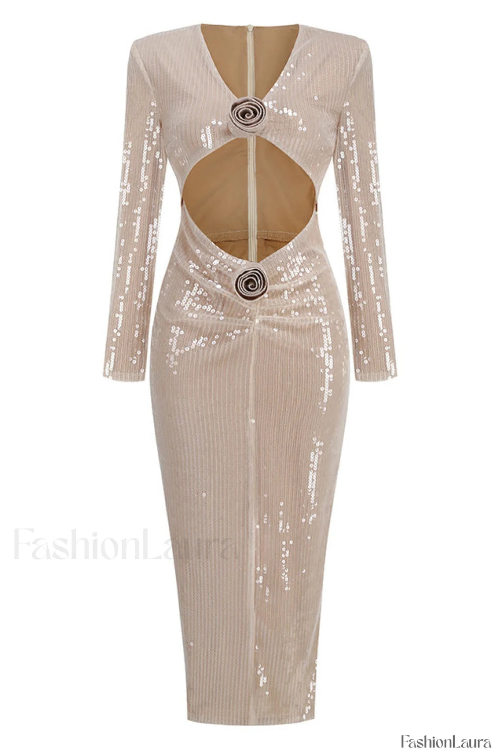 Long Sleeve Flower Charming Sequin Midi Dress