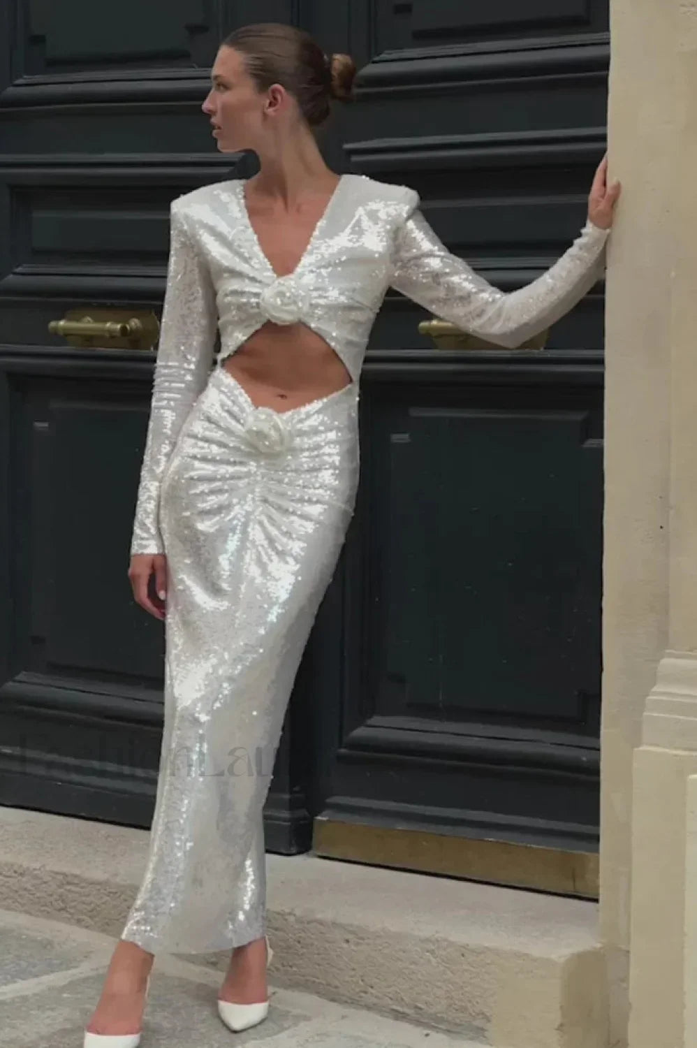 Long Sleeve Flower Charming Sequin Midi Dress Secondary image
