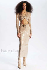 Long Sleeve Flower Charming Sequin Midi Dress S / Nude