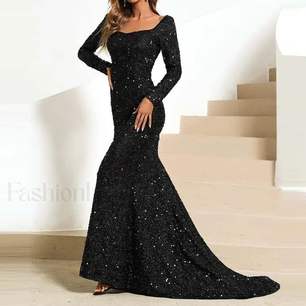 Long Sleeve For Women Pure Color Glitter Sparkly Sequin Floor Length Bodycon Vintage Slim Maxi Prom Dress