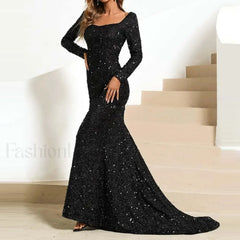 Long Sleeve For Women Pure Color Glitter Sparkly Sequin Floor Length Bodycon Vintage Slim Maxi Prom Dress