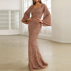 Long Sleeve For Women Pure Color Glitter Sparkly Sequin Floor Length Bodycon Vintage Slim Maxi Prom Dress