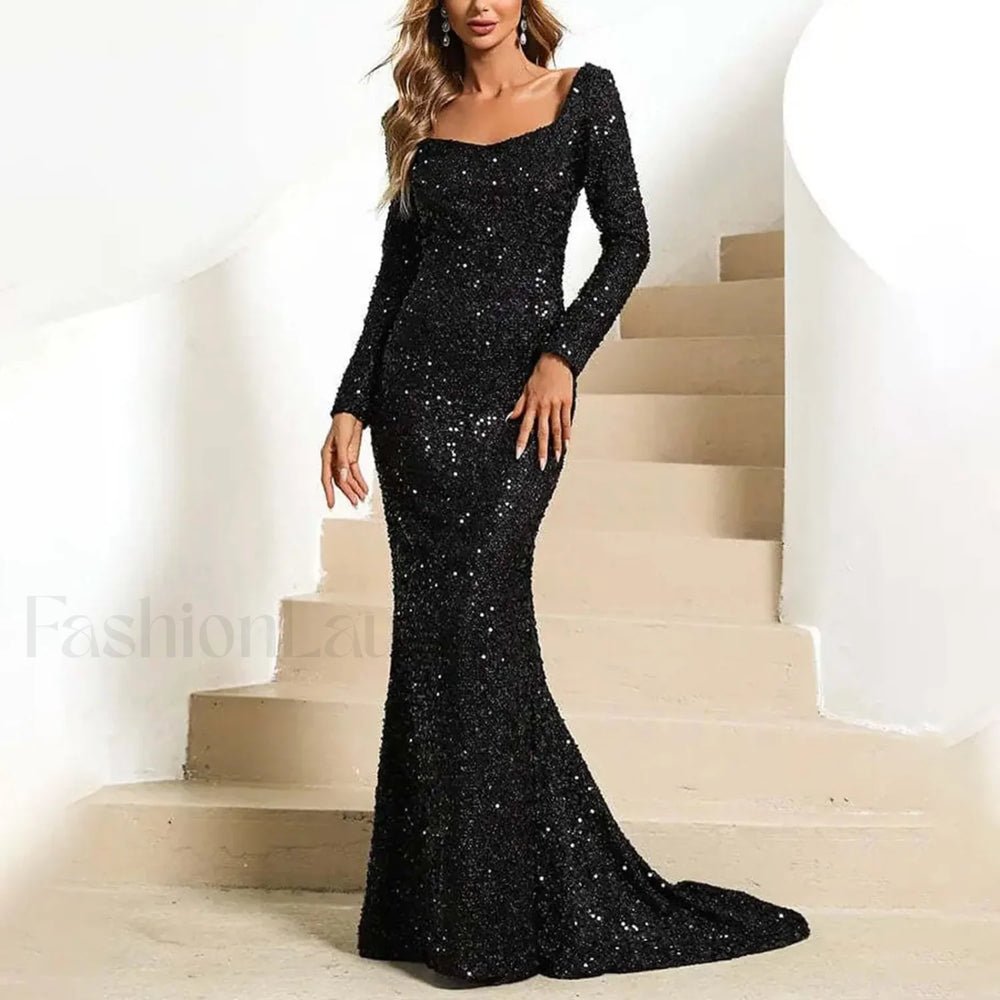 Long Sleeve For Women Pure Color Glitter Sparkly Sequin Floor Length Bodycon Vintage Slim Maxi Prom Dress Black / S