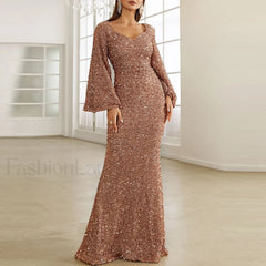 Long Sleeve For Women Pure Color Glitter Sparkly Sequin Floor Length Bodycon Vintage Slim Maxi Prom Dress Gold / S