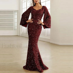 Long Sleeve For Women Pure Color Glitter Sparkly Sequin Floor Length Bodycon Vintage Slim Maxi Prom Dress Red / S