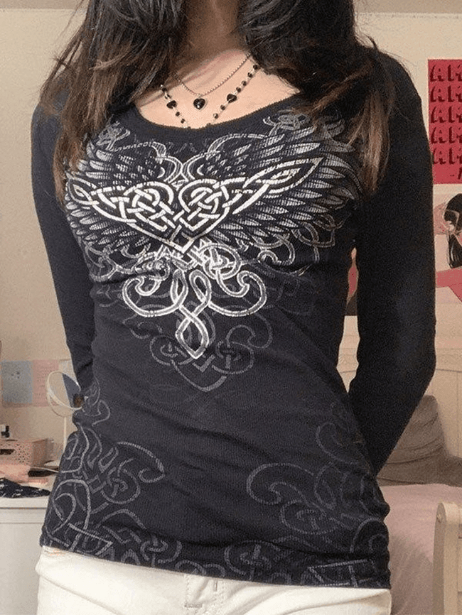 Long Sleeve Heart Pattern Print Tee Black / S Tops&Tees Main image