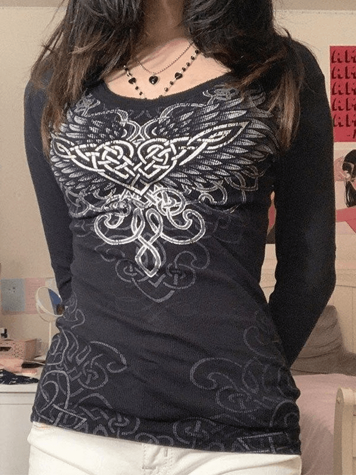 Long Sleeve Heart Pattern Print Tee Black / S Tops&Tees