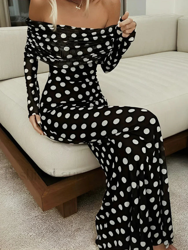 Long Sleeve Off Shoulder Polka Dot Print Long Dress Black / XS Dresses Main image