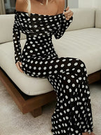 Long Sleeve Off Shoulder Polka Dot Print Long Dress Black / XS Dresses