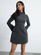Long Sleeve Pocket Trendy Decor Short Dress Dresses