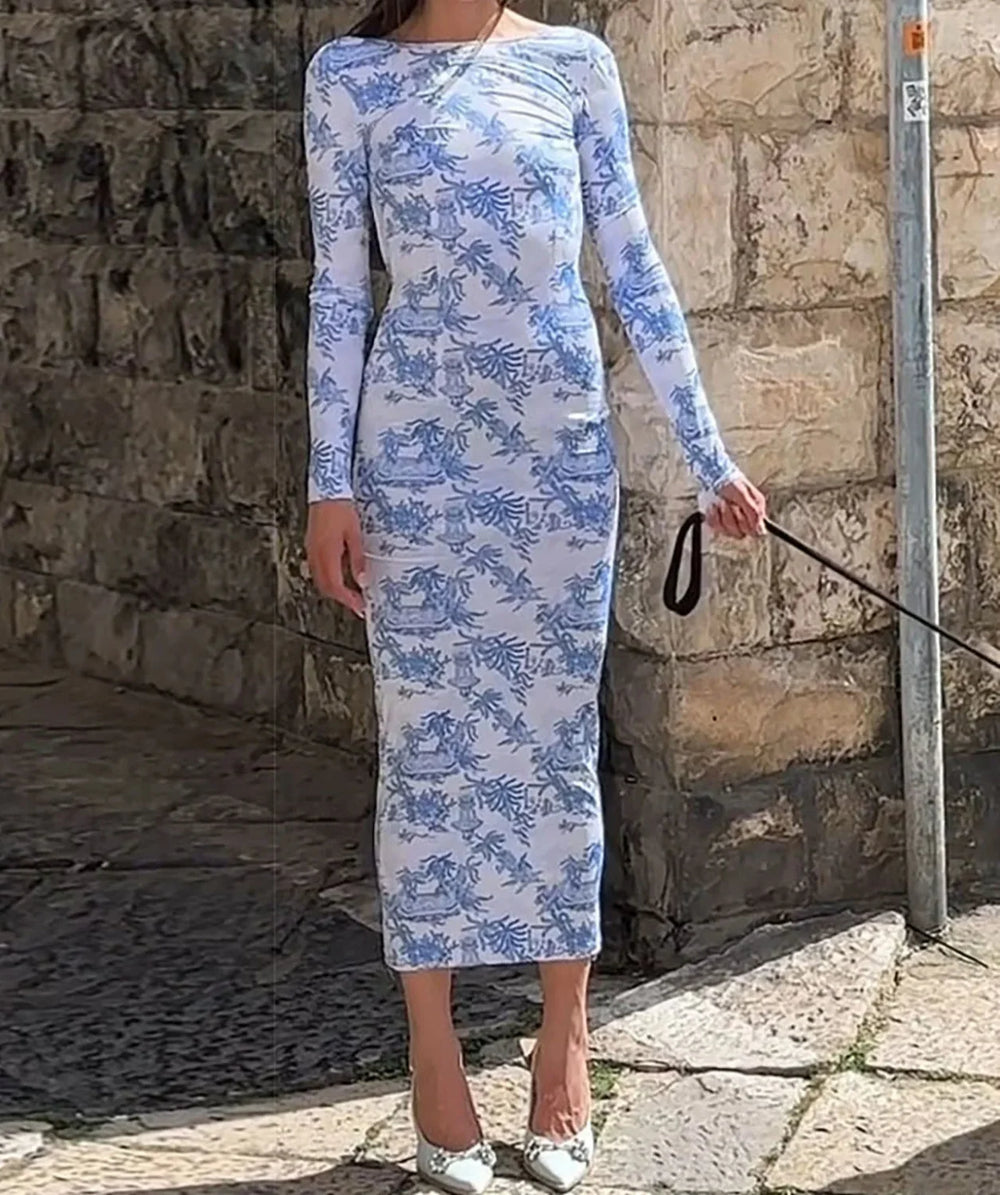 Long Sleeve Printed Midi Dress Blue / S