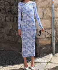 Long Sleeve Printed Midi Dress Blue / S