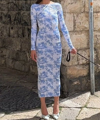 Long Sleeve Printed Midi Dress Blue / S