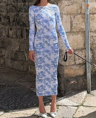 Long Sleeve Ribbed Floral Dress Blue / S