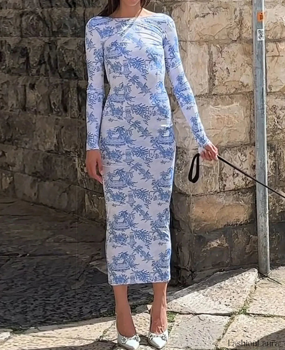 Long Sleeve Ribbed Floral Dress Blue / S