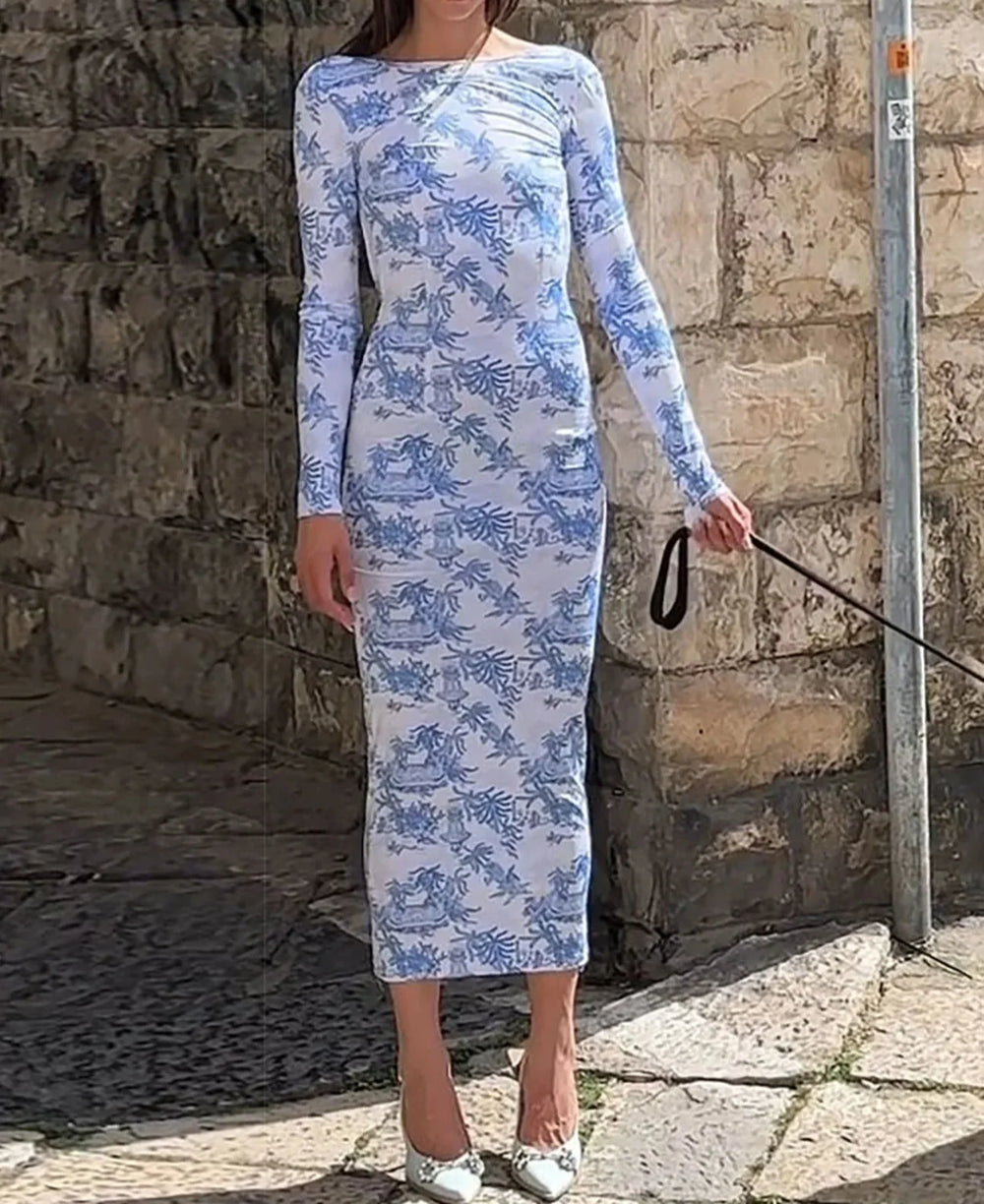 Long Sleeve Ribbed Floral Dress Blue / S