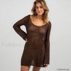 Long Sleeve Shirt Beach Cover Up BROWN / S